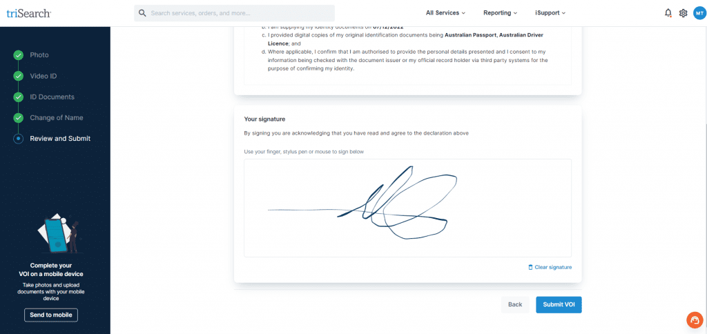 Client to sign and submit VOI online